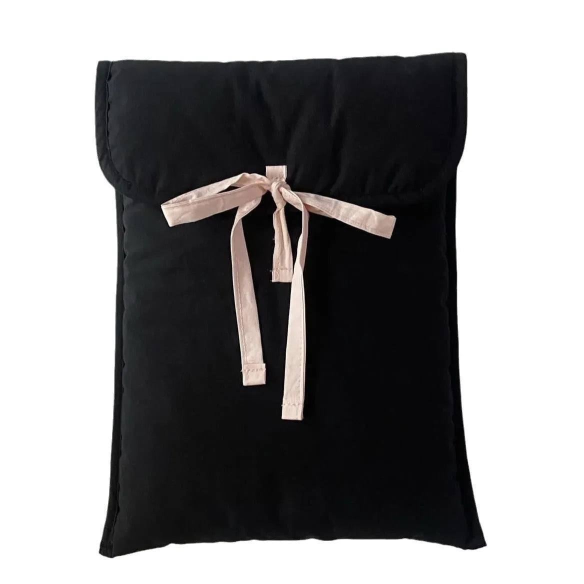 Women's quilted laptop bag with bow detail in nylon, showing striped lining and size options