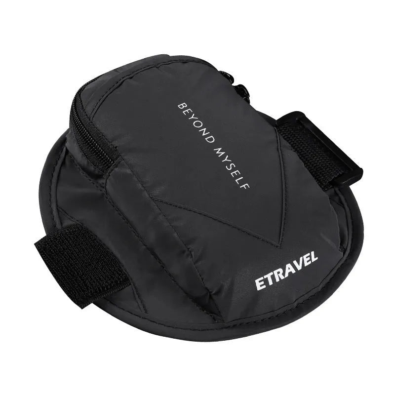 Lightweight reflective running arm bag with adjustable strap, shown in black colour.