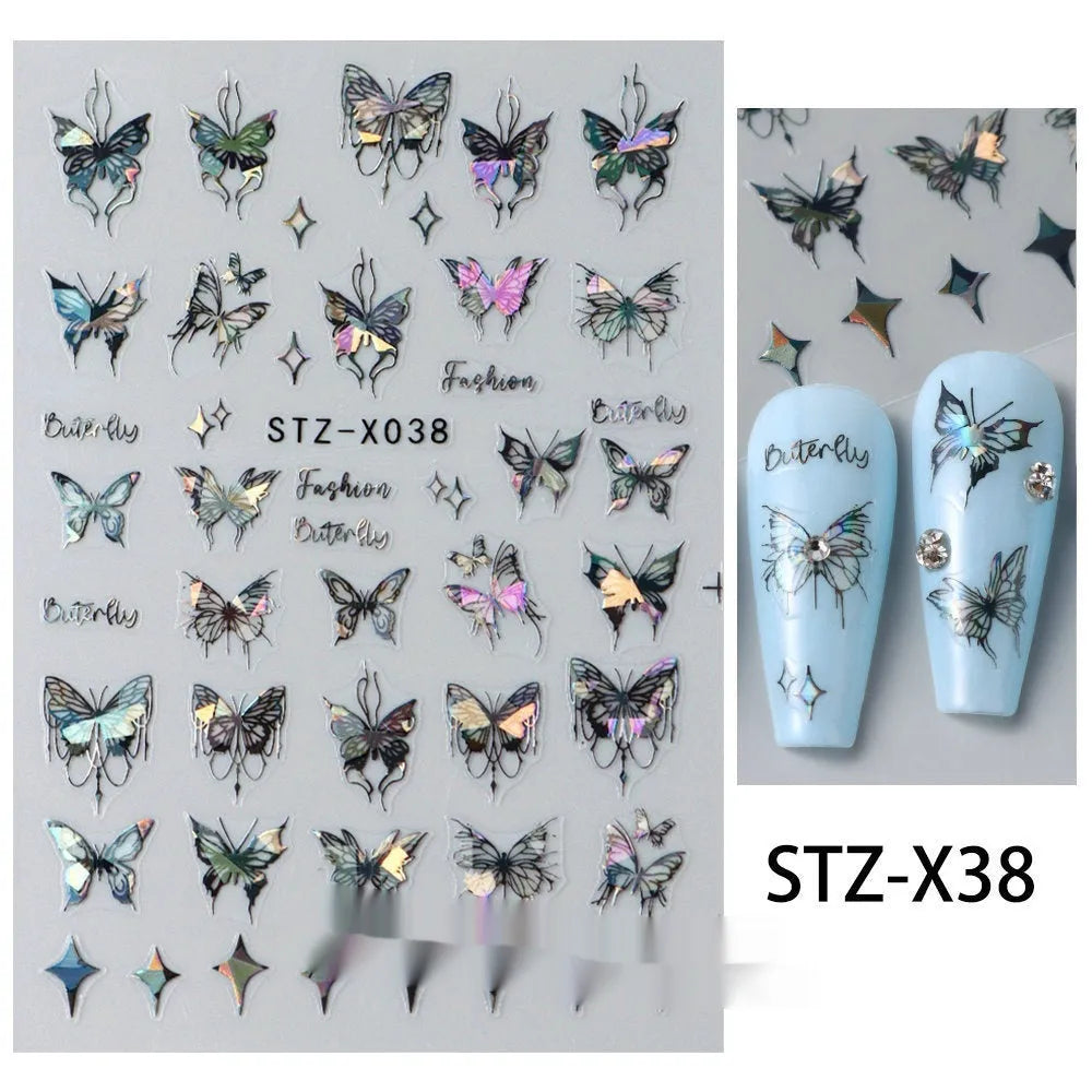 Cartoon nail art stickers sheet with black and silver love heart designs