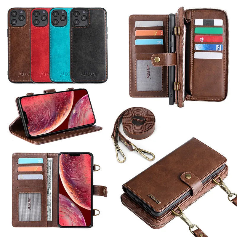 Black detachable magnetic wallet phone case shown attached and separated, next to a smartphone.