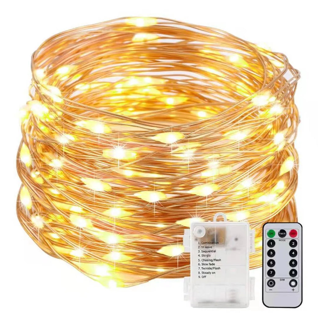 12-metre long copper wire LED string lights with 120 bulbs and a battery box, shown in a selected colour.
