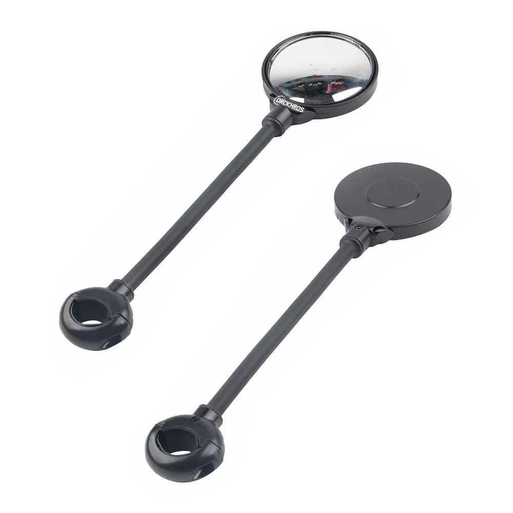 Black bicycle rearview mirror with hose adjustment system attached to handlebar