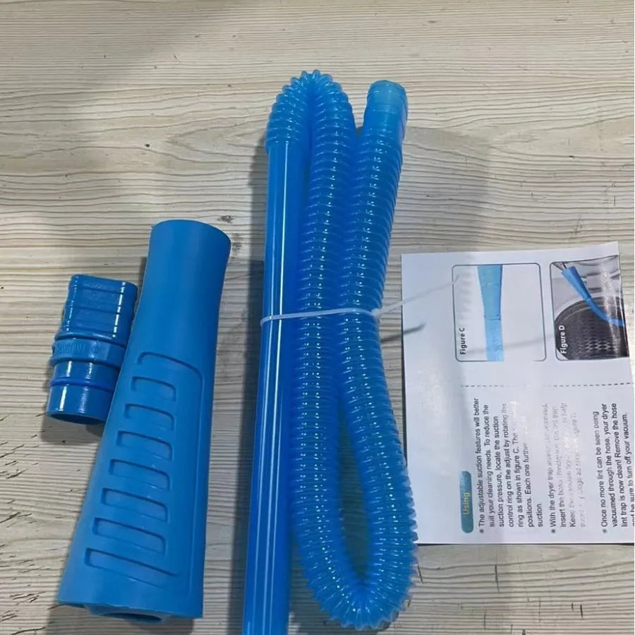 Blue plastic suction pipe cleaner with a round head, 114cm long, for washing machine and dryer lint removal.