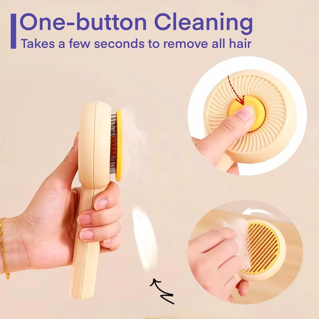 Blue pet grooming brush with angled bristles and self-cleaning button for cats and dogs