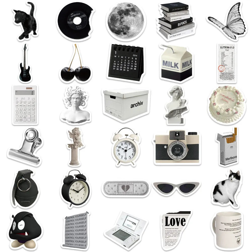 61-piece pack of black and white simple design waterproof PVC stickers for laptops and cups.