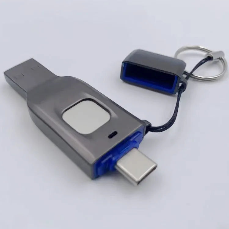 Fingerprint secured USB flash drive with dual USB 3.0 and USB-C connectors in metal housing