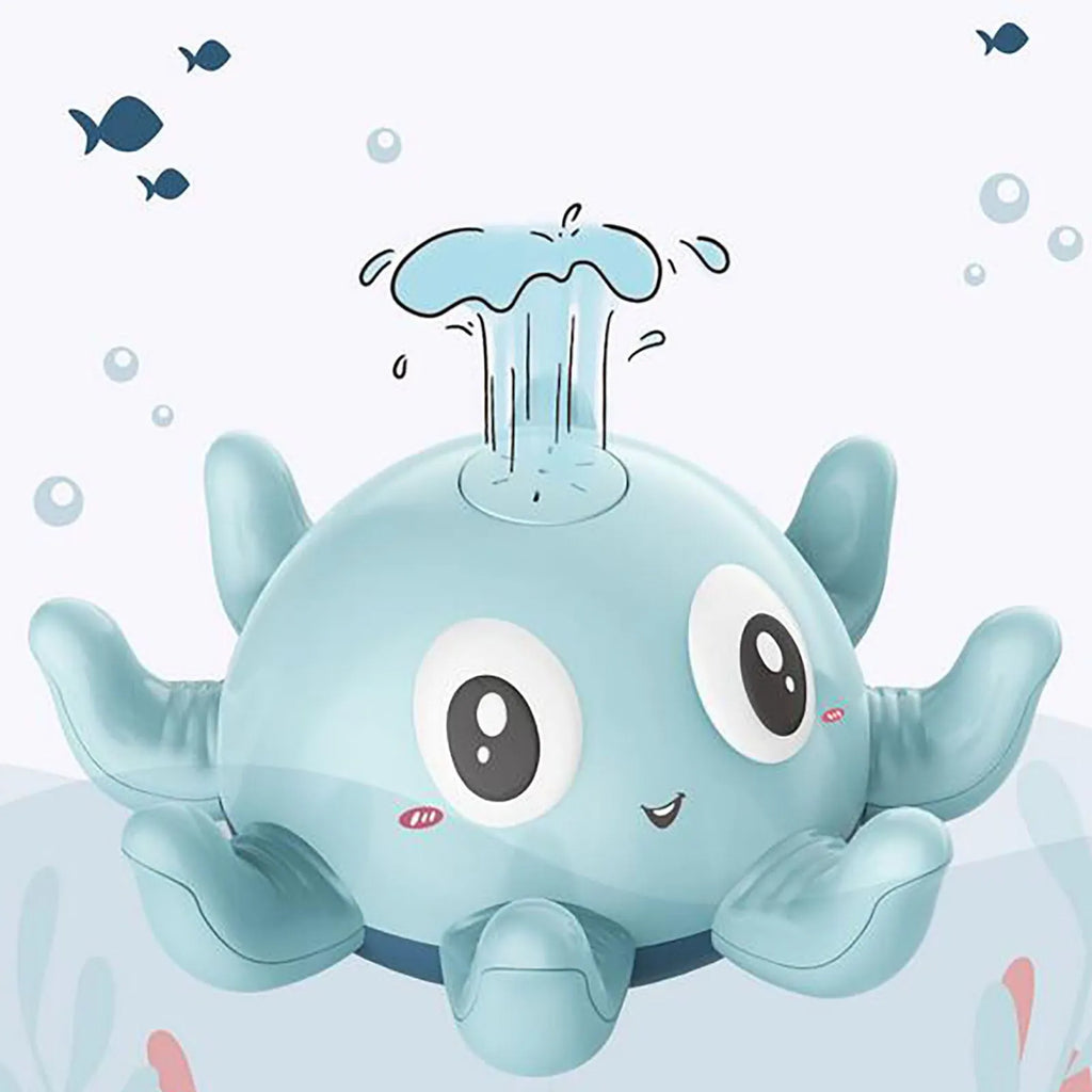 Blue or pink octopus-shaped bath toy that sprays water and flashes lights automatically