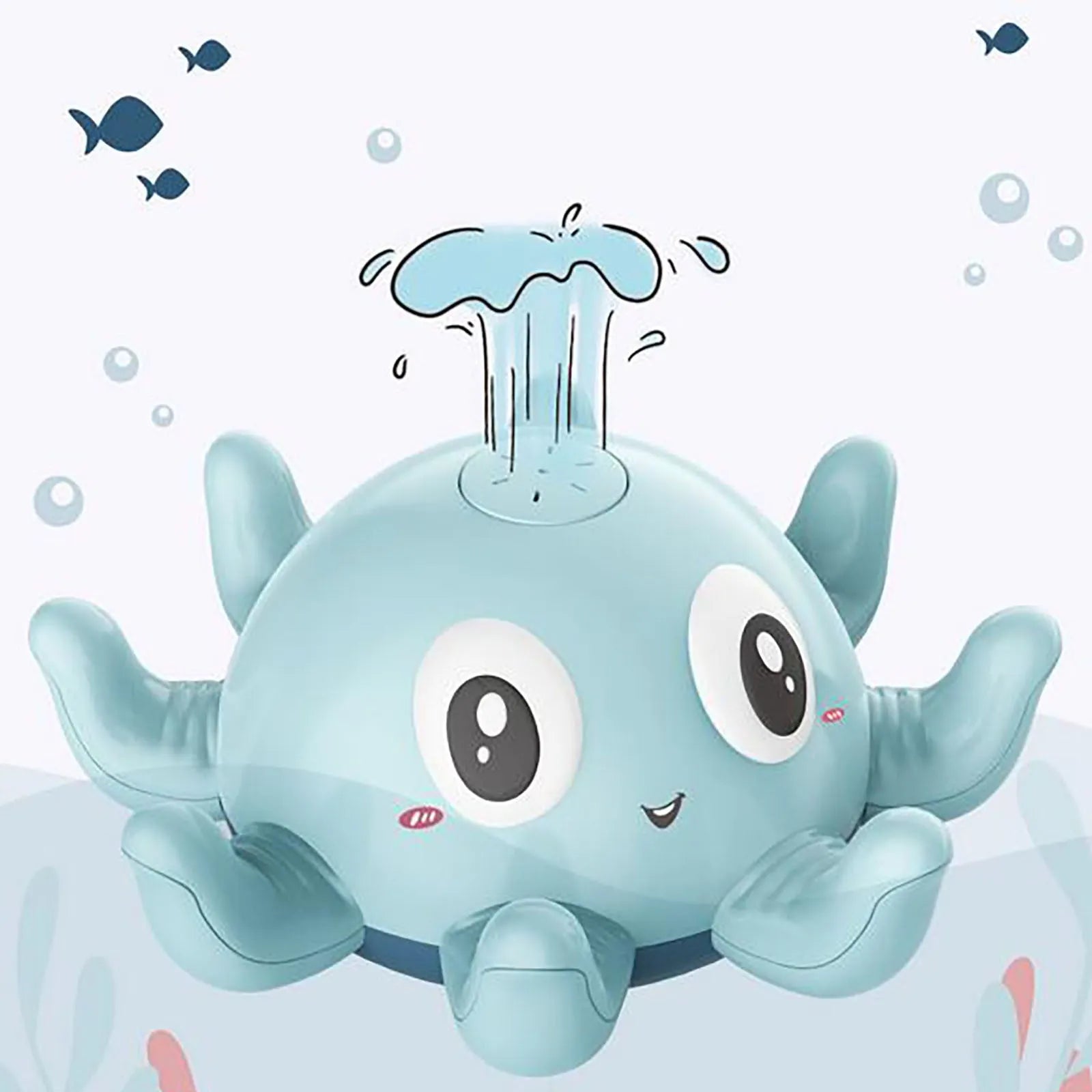 Blue or pink octopus-shaped bath toy that sprays water and flashes lights automatically
