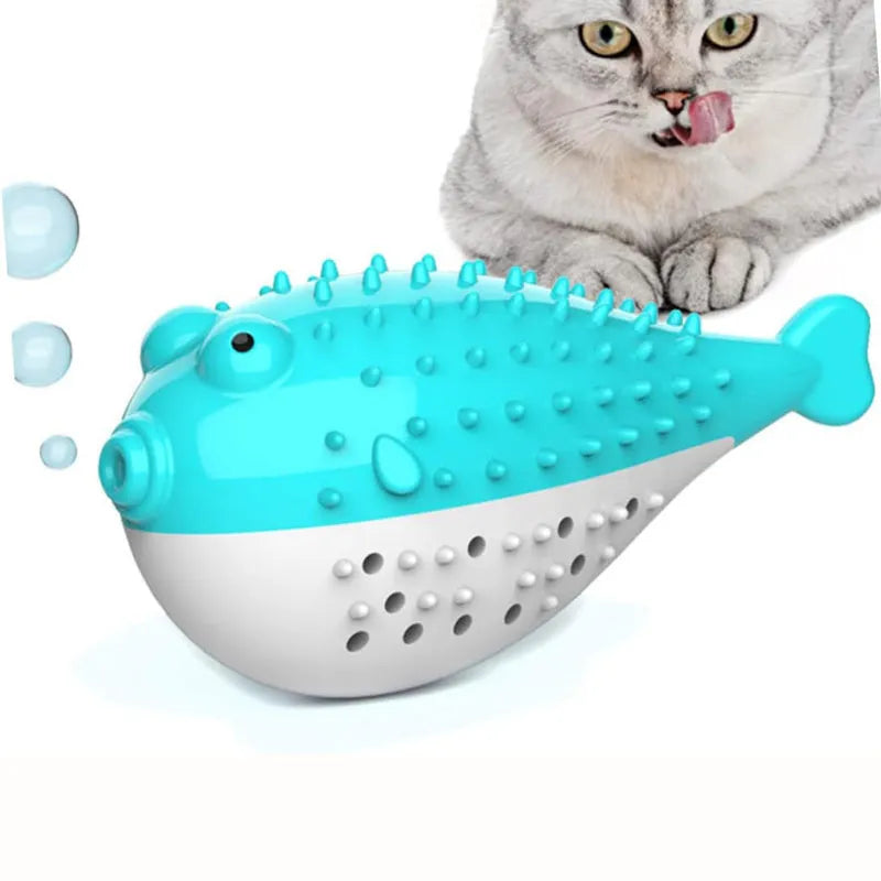 Silicone fish cat chew toy in blue, green, pink, or yellow colours measuring 12.2cm long