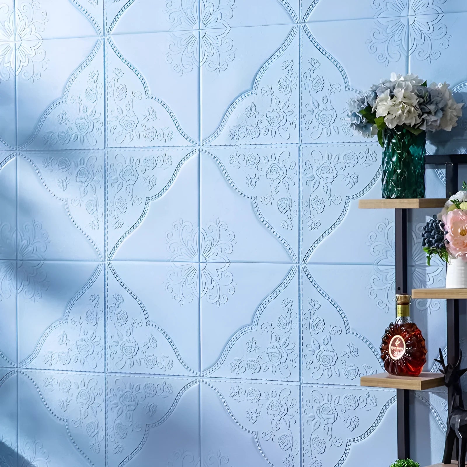 70cm square light blue foam wall sticker with three-dimensional plants and flowers pattern
