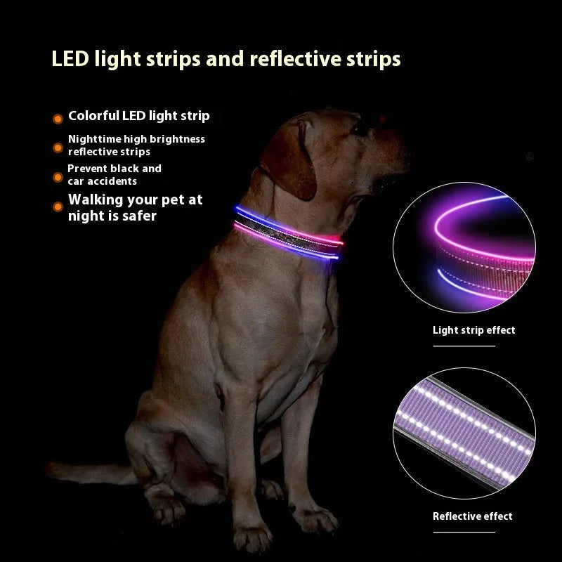Blue and green plaid LED luminous dog collar with USB charging and reflective strip
