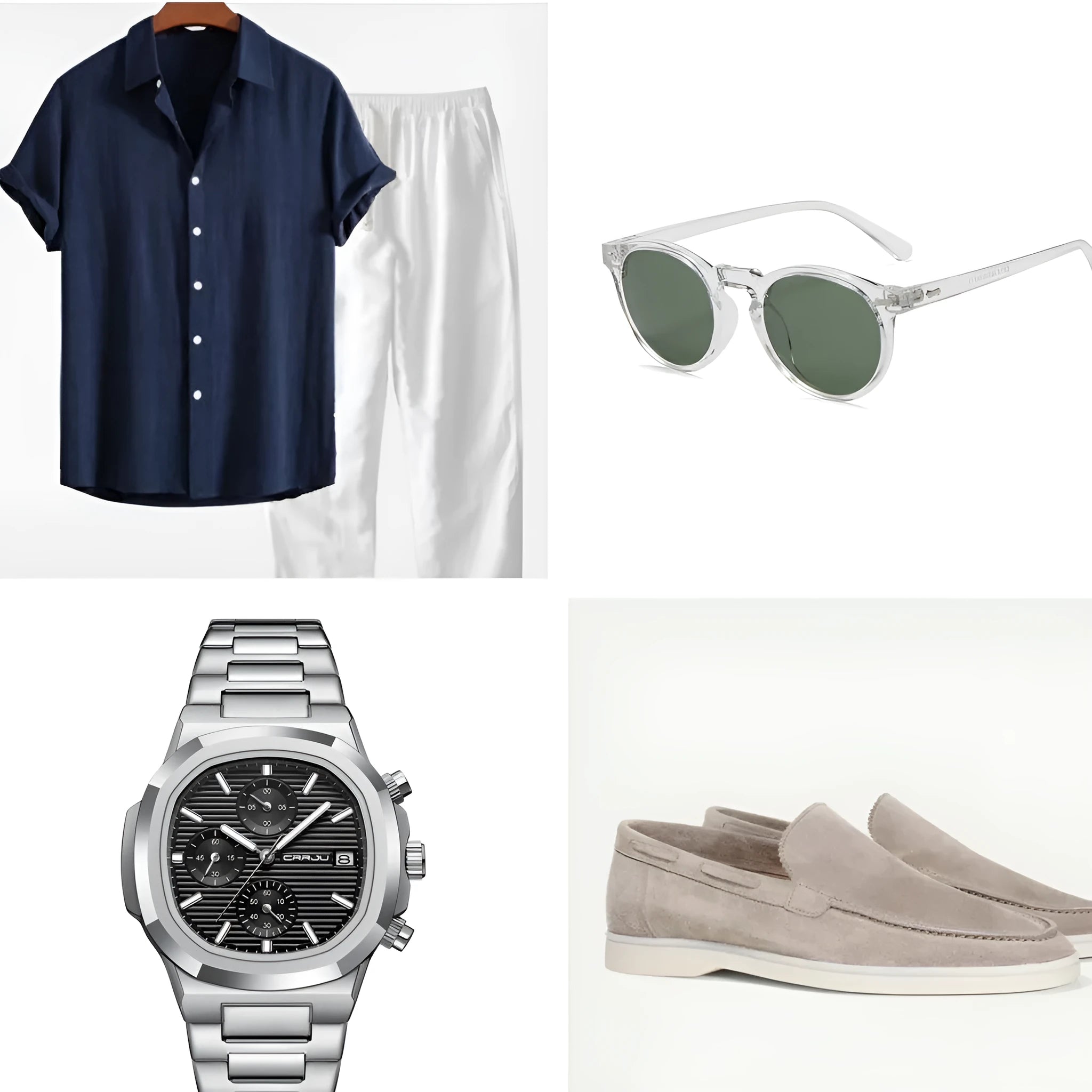 Cotton linen short sleeve summer suit set in multiple colours with included glasses, shoes, and watch accessories