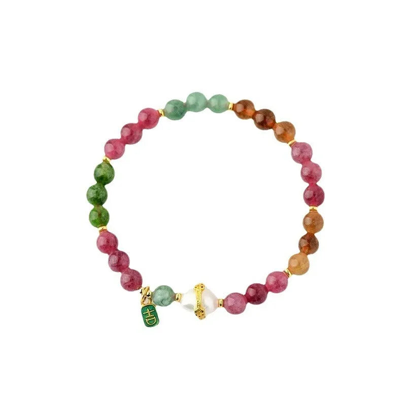 Geometric optimised tourmaline bracelet with 6.5mm chalcedony beads in natural crystal