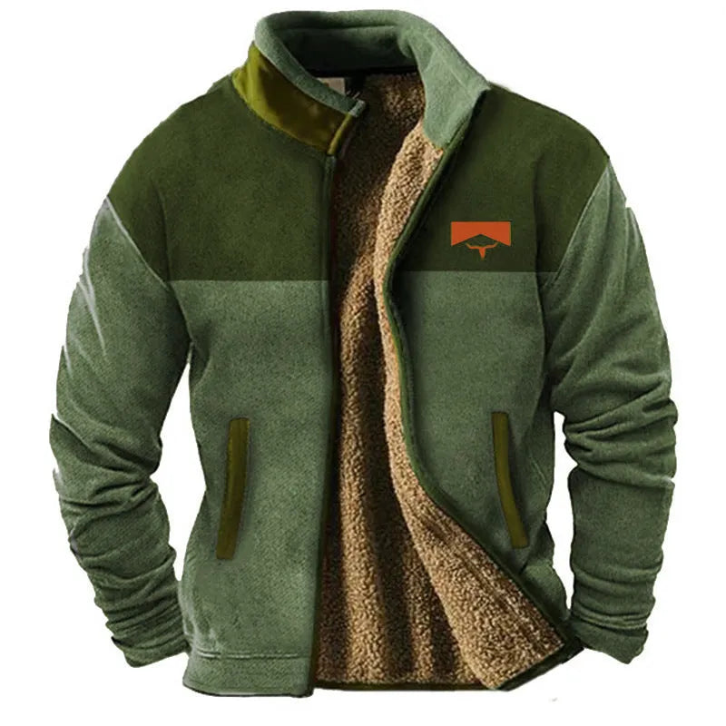 Men's green fleece-lined padded polyester coat showing regular length and sizing from S to 5XL