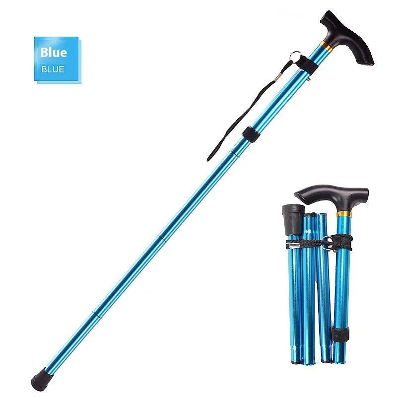Adjustable aluminium folding walking cane in black with non-slip handle, shown extended and folded.