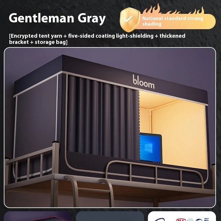 Grey polyester bed curtain with integrated mosquito net for 0.9 metre beds