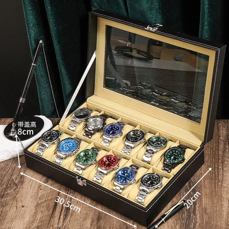 Household portable retro wood grain PU leather watch storage box with soft pillows, MDF shell, and glass finish