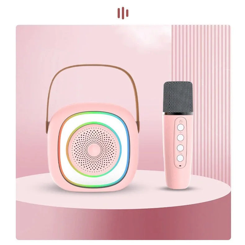 Wireless karaoke microphone in black and wheat colours with LED lights and USB charging cable