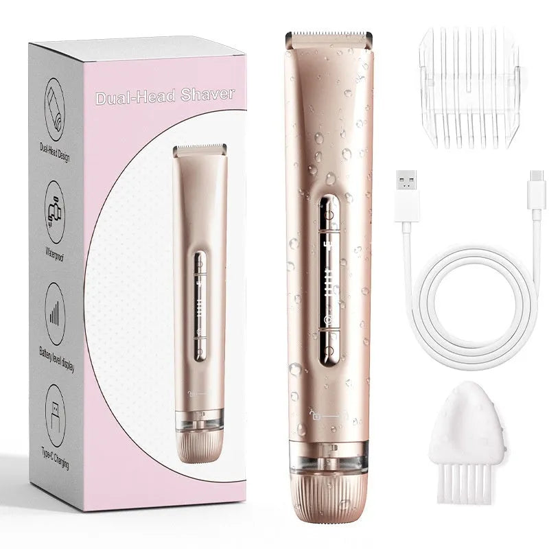 Women's double-headed electric hair removal device with USB cable, available in blue, gold, and purple colours