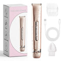 Women's double-headed electric hair removal device with USB cable, available in blue, gold, and purple colours