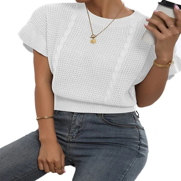 Twisted string pattern knitted sweater with ruffled short sleeves in loose Japanese Korean casual style