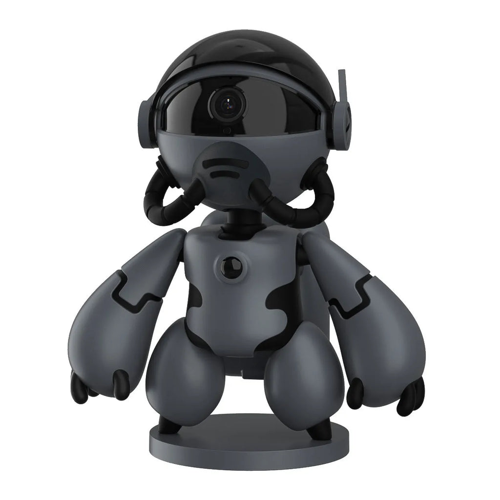 White or black wireless household security camera on a detachable base with a wide-angle lens.