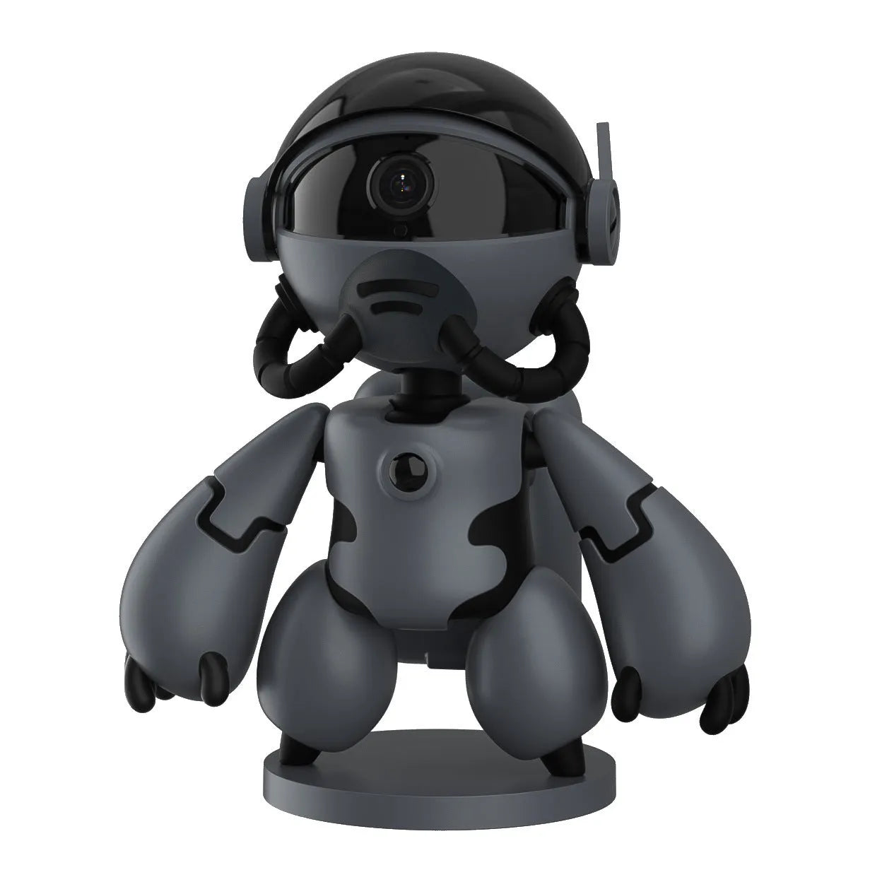 White or black wireless household security camera on a detachable base with a wide-angle lens.