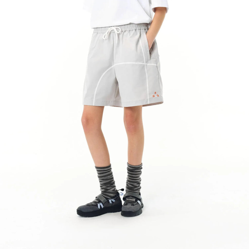 Retro style drawstring shorts in polyester fabric available in dark grey, white and apricot colours