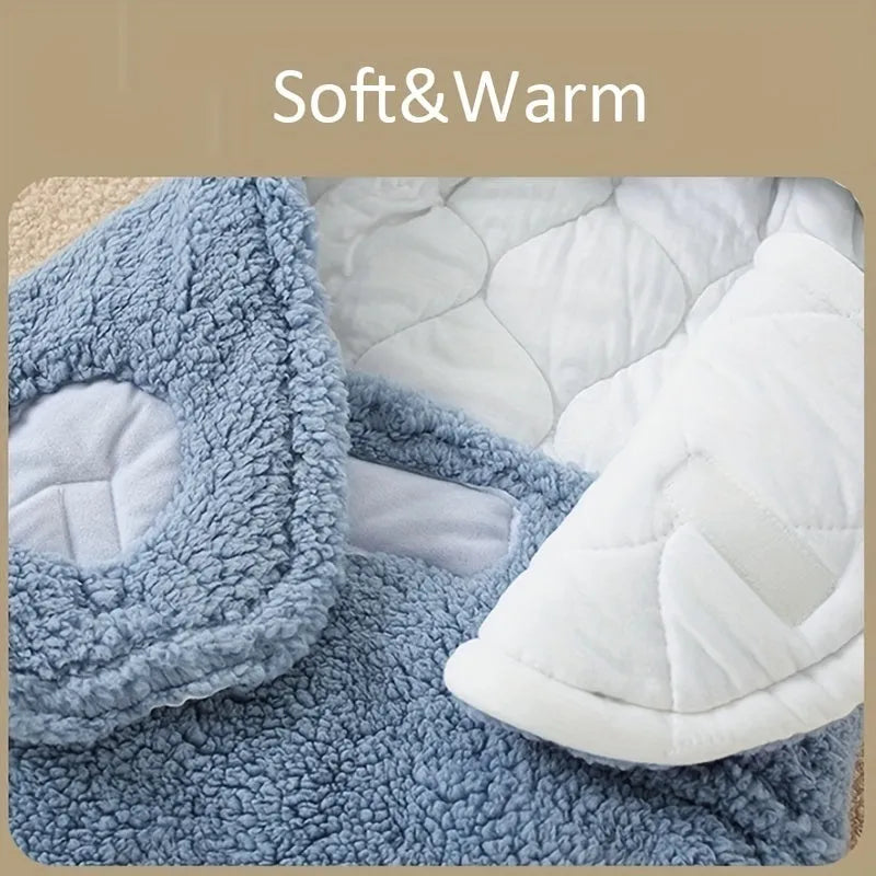 Fluffy fleece baby sleeping bag swaddle in blue with adjustable hook-and-loop closure for newborn