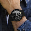 Black men's waterproof outdoor watch with a large round dial and a long PU strap.