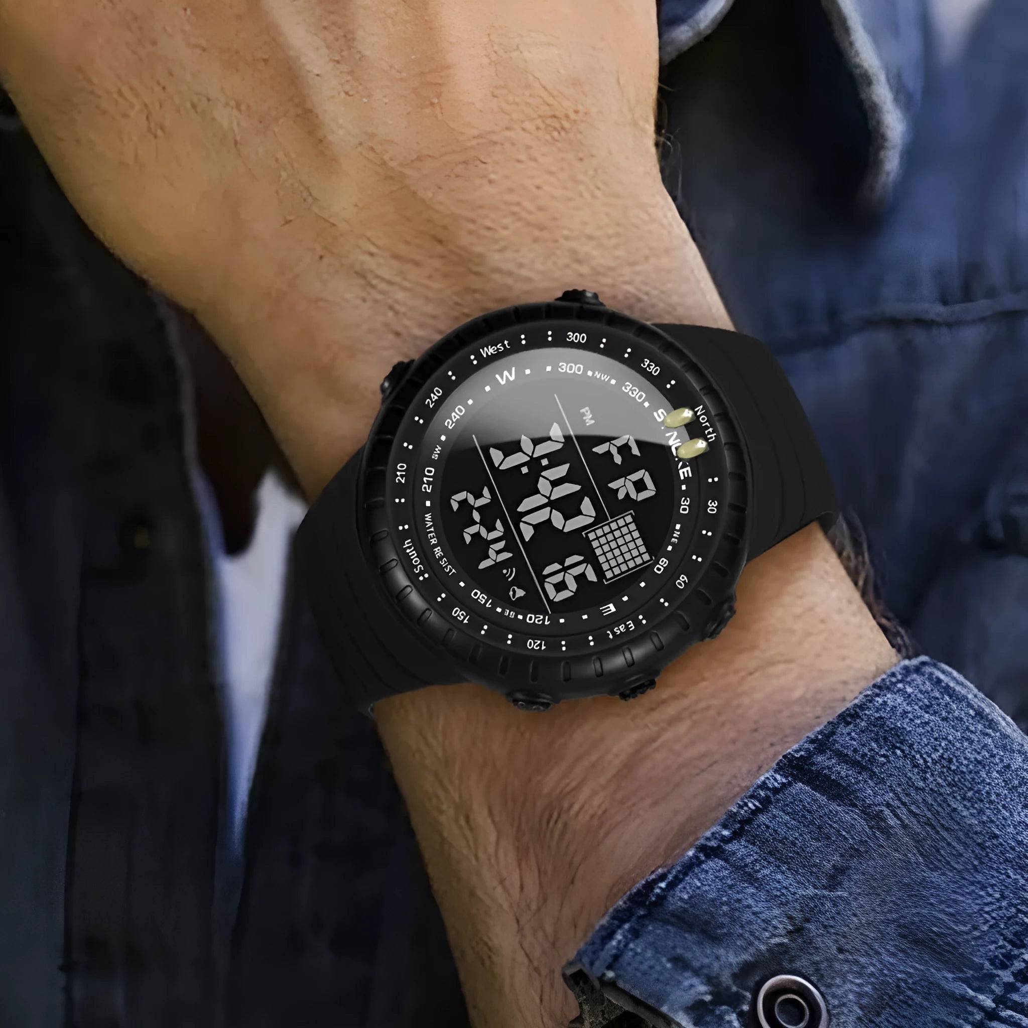 Black men's waterproof outdoor watch with a large round dial and a long PU strap.