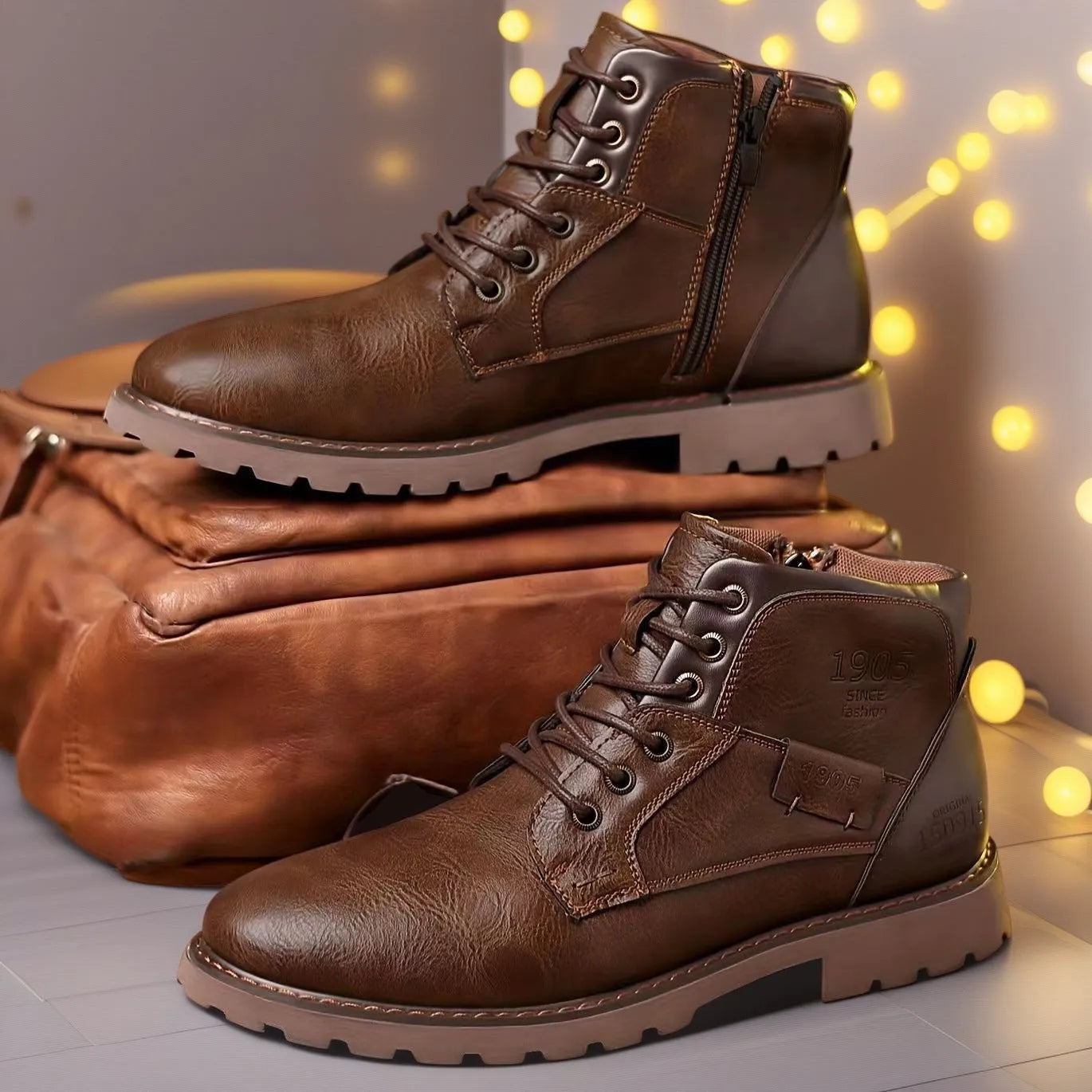 Men's brown ankle boots with side zip fastening and round toe design on rubber sole