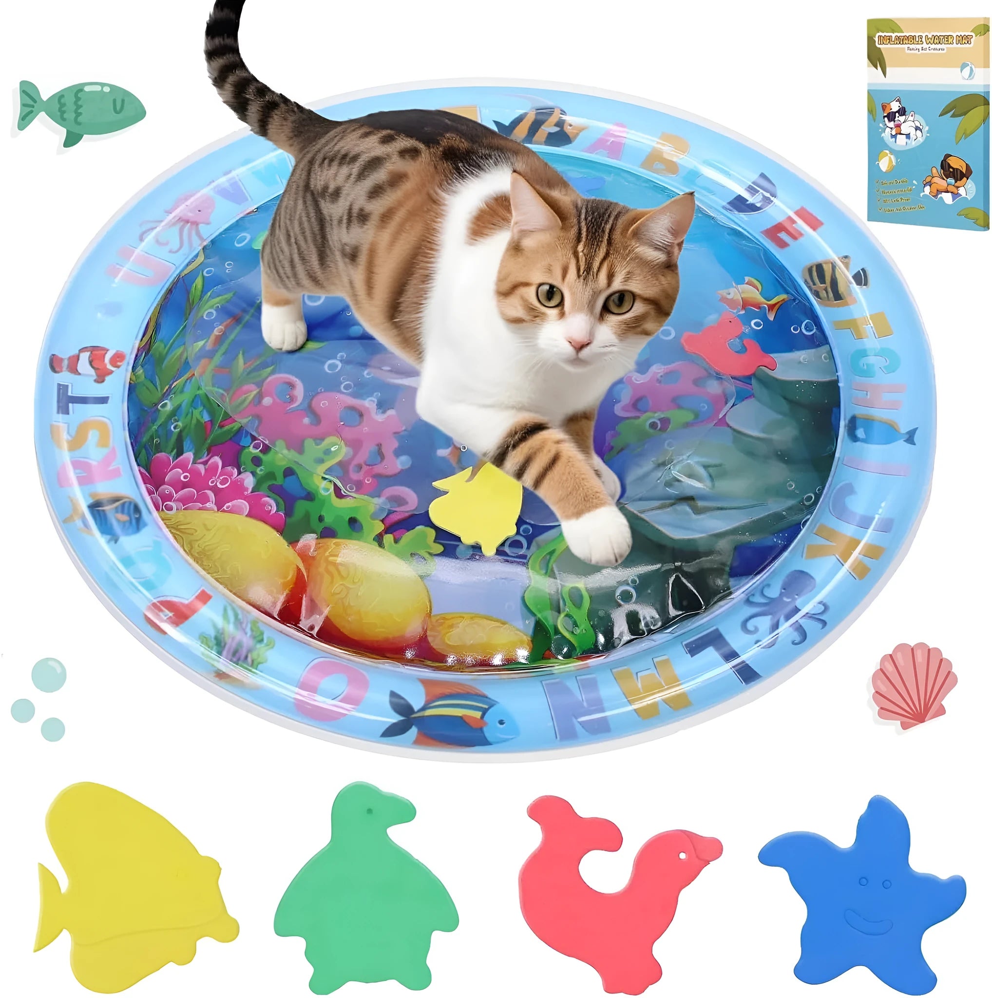A square blue water sensory playmat for cats on a floor, showing floating fish toys inside the transparent PVC cushion.