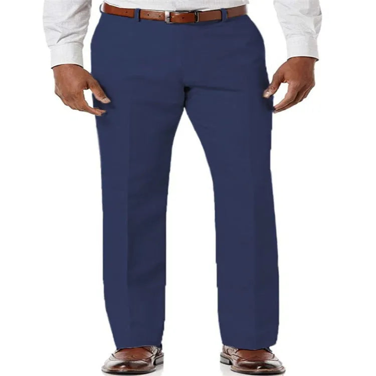 Men's solid colour linen blend trousers with slant pockets laid flat, showing beige white colour option.