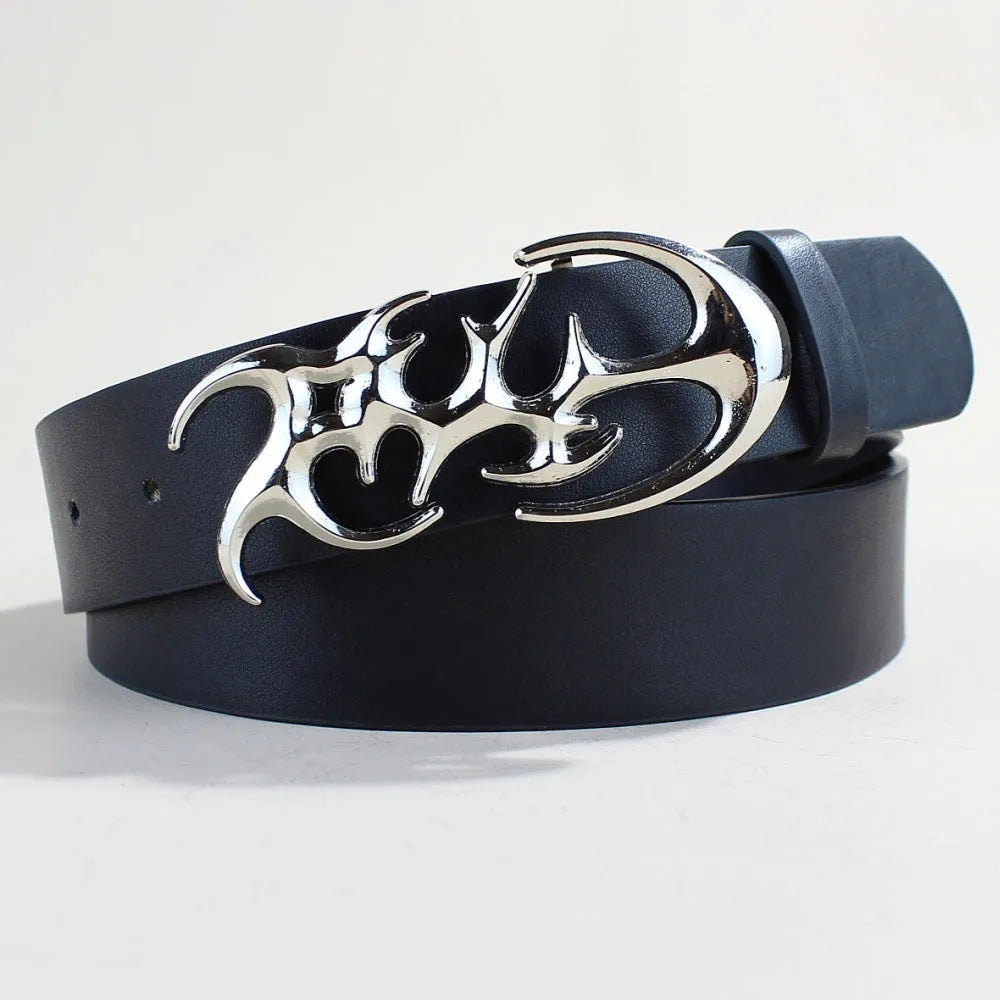Casual PU leather belt with silver alloy buckle and snap button closure in 105cm length