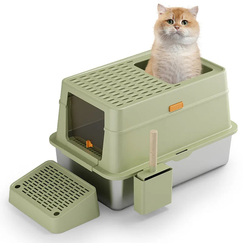 Grey enclosed cat toilet with pedal entry and stainless steel litter pan