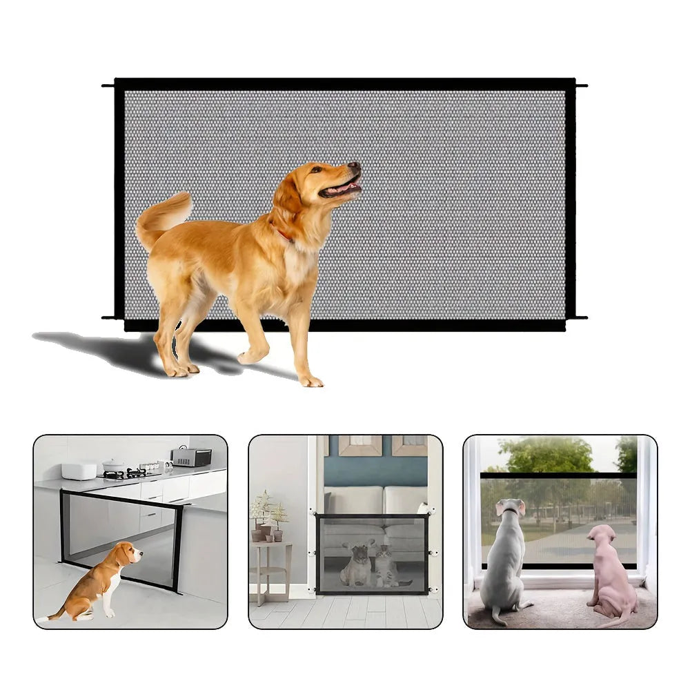 Foldable pet dog gate made of fibreglass mesh with hooks for no-drill installation in a doorway