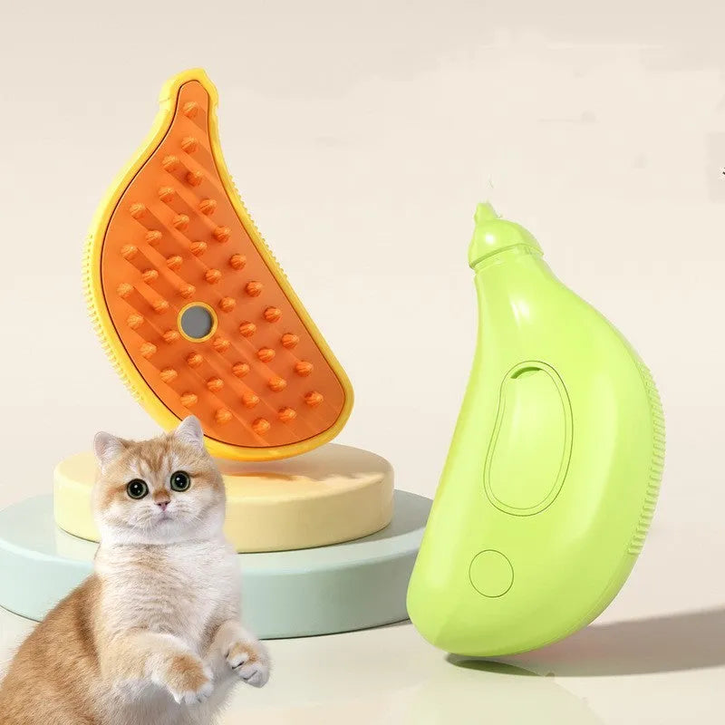 3-in-1 rechargeable pet steam brush for cats and dogs, green and yellow, with steamy spray and massage comb