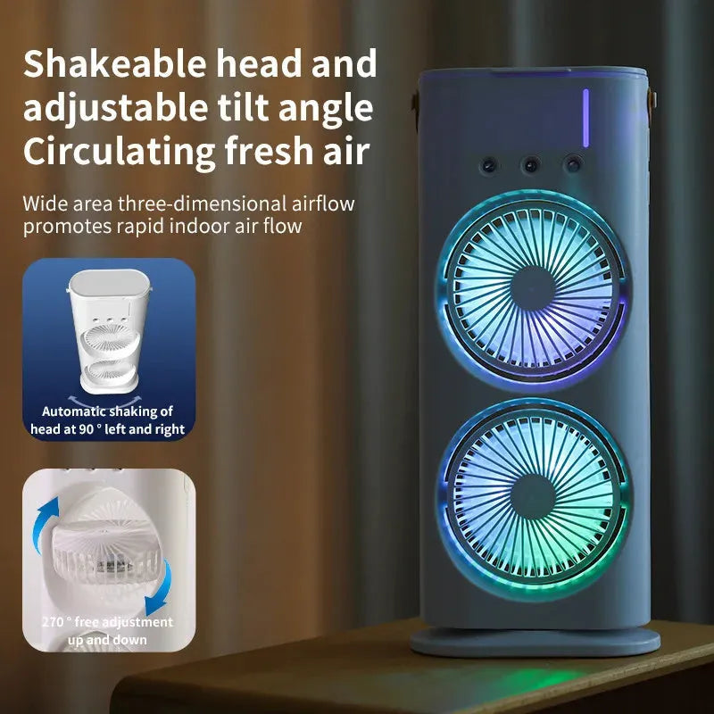 White portable air cooler with double fan design and humidifying spray function