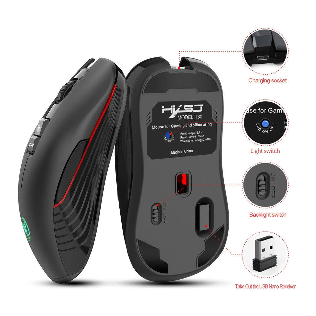 Black ergonomic wireless gaming mouse with RGB lighting and seven buttons on desk