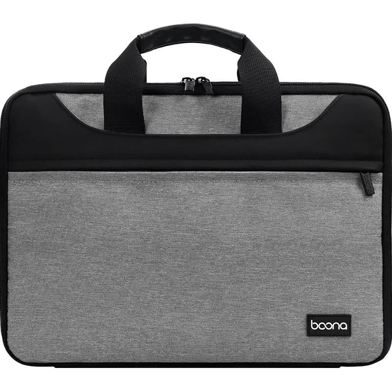 Black waterproof oxford cloth laptop bag for business travel with a soft carry handle, shown open.