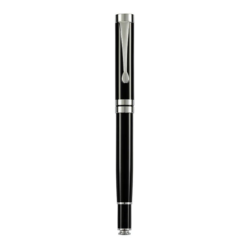 Metal fountain pen with colour options including black, blue, red, white with gold or silver clips