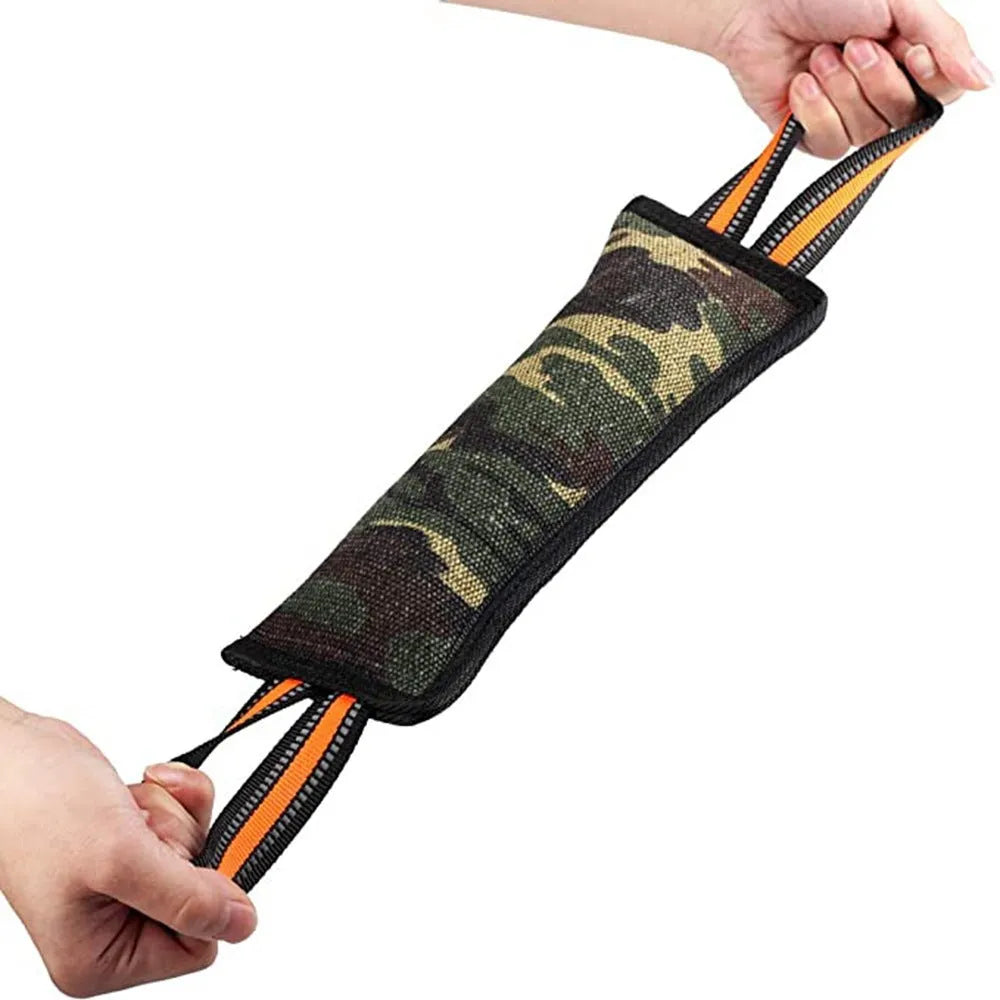 Yellow-trimmed jute dog training bite stick with reflective stitching measuring 55cm length