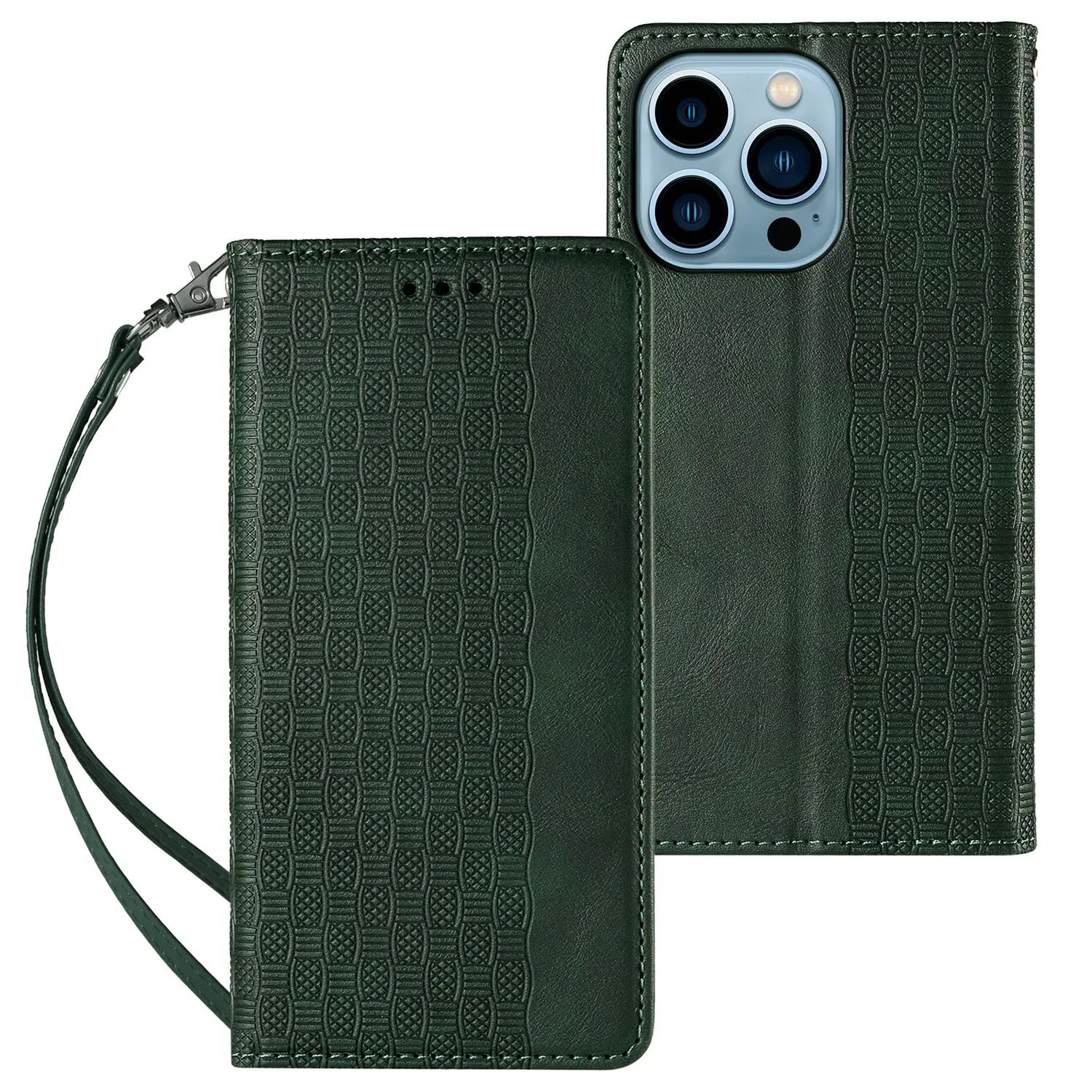 Embossed leather flip phone case for Apple iPhone in black, shown open and closed.