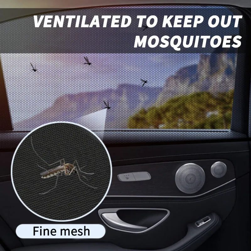 Car side window mesh sunshade showing non-woven fabric screen with elastic edge installation on vehicle window