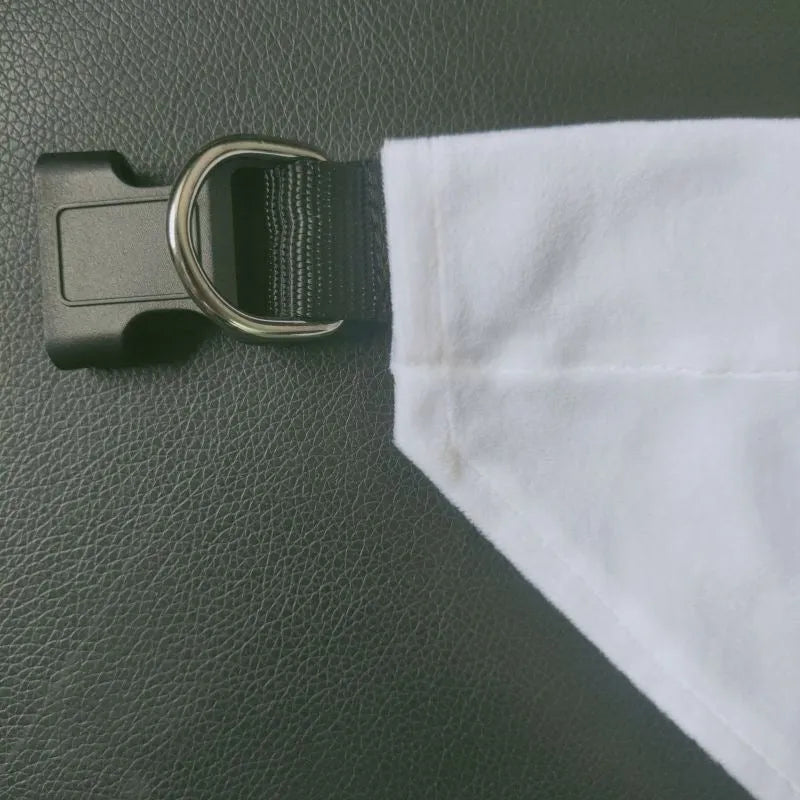 White blank polyester dog scarf for thermal transfer customisation, shown in four sizes.