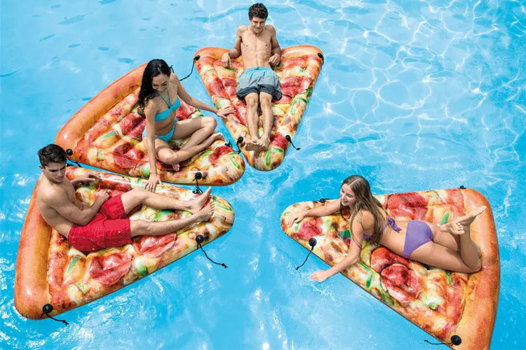 Large inflatable pizza-themed surfboard float for pool lounging, 175cm by 145cm