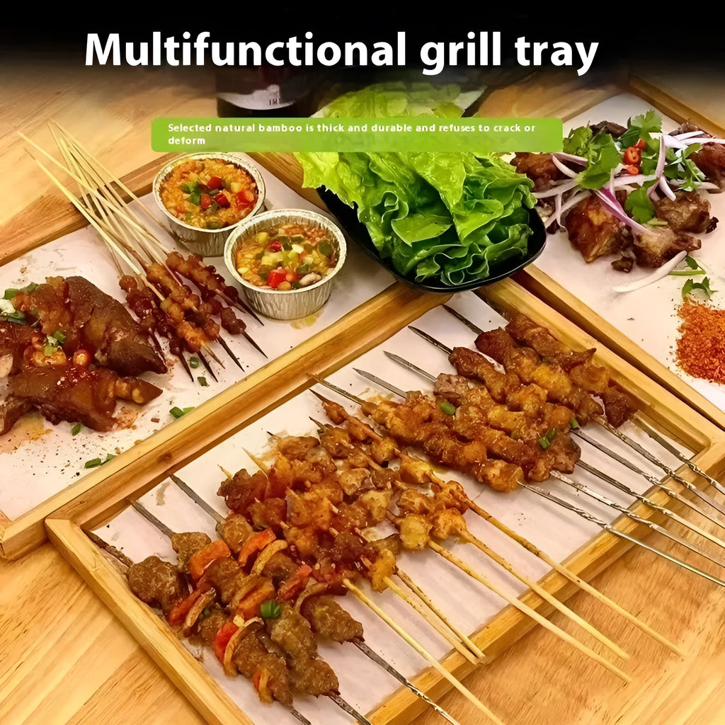 Square bamboo serving tray with brown handle for restaurant or hotel use
