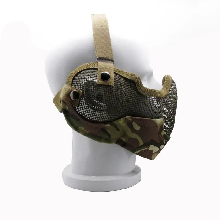 Carbon steel mesh protective face mask with head strap in camouflage pattern.