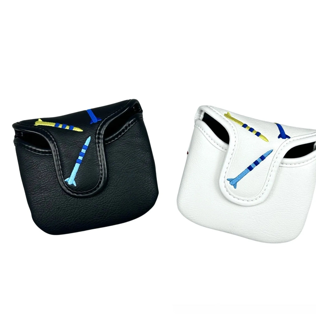 Black PU leather protective sleeve for a Rocket pattern square golf putter head.